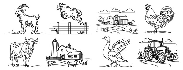 farm animals goat sheep cow rooster goose barn tractor