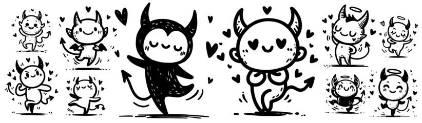 adorable devil cartoon characters with horns and hearts in playful black and white doodle style illustration