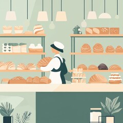 A baker in a modern bakery arranging freshly baked bread on wooden shelves.