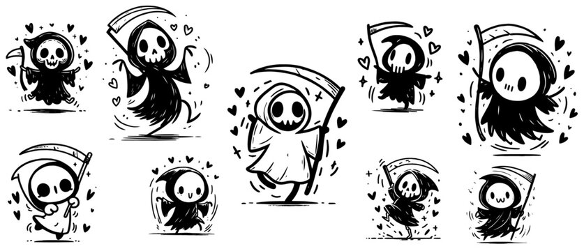 funny grim reaper cartoon characters with hearts in cute black and white style combining dark and sweet vibes