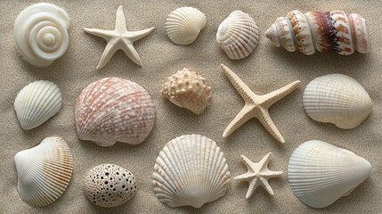 Seashells and Starfish on Golden Sand, Minimalist Beach Still Life Arrangement, Natural Textures and Neutral Colors