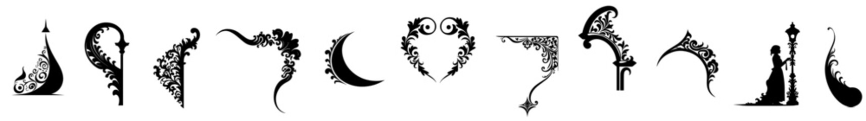 collection of abstract mystical horned symbols and signs in black and white for fantasy or occult themed designs