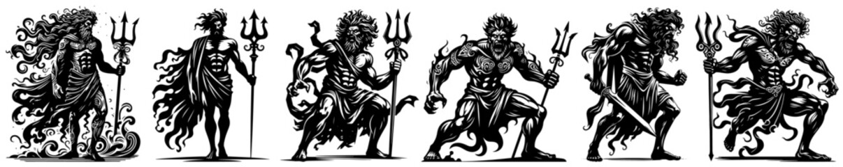 mythological sea gods with tridents in detailed black and white fantasy warrior style illustrations