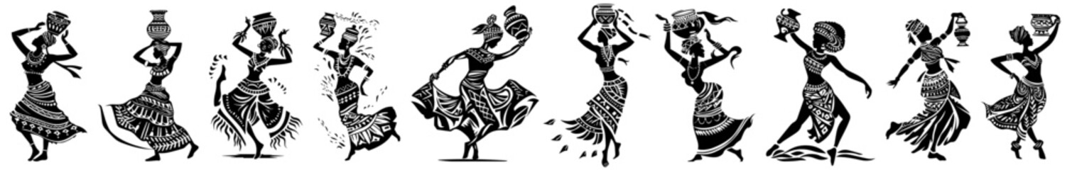 Fototapeta premium dancing african women silhouettes in ethnic traditional style for cultural art and design
