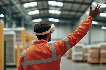 Warehouse Virtual Reality: A worker with a VR headset in a modern warehouse, interacting with a virtual environment, his arm extended, highlighting the use of technology in industry.