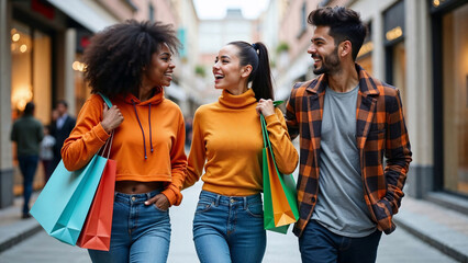 Three multiethnic young adult friends laughing and chatting, walking on street after shopping spree, carrying colorful shopping bags in city center, with stores and people in the blurred background