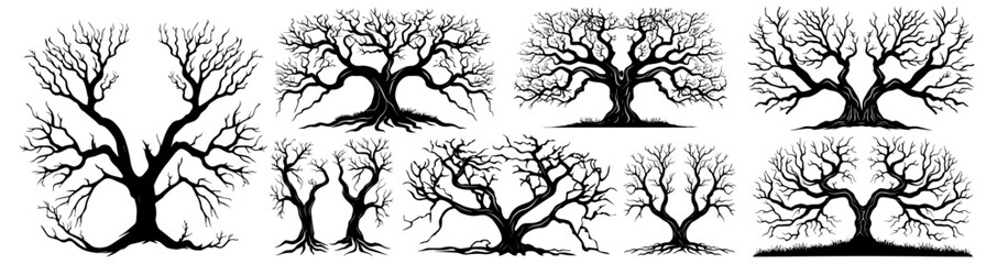 leafless black silhouette trees with detailed branches for nature and seasonal designs