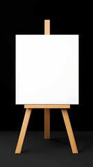 A pristine blank white s rests on a simple wooden easel in a dark room providing a clean backdrop perfect for design presentations or artistic mockups ready for your creative