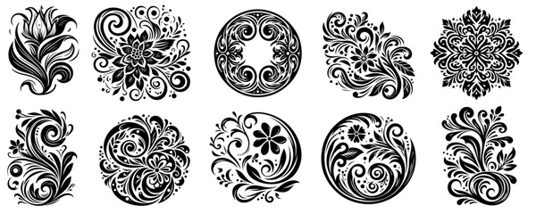 black and white floral baroque ornaments with swirls and leaves for elegant decorative design