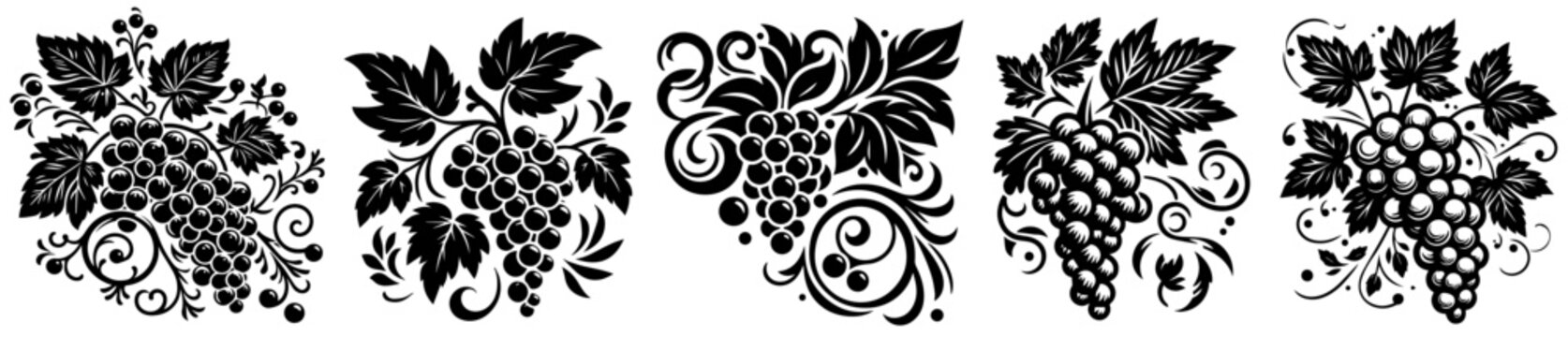decorative grapevine bunches with leaves in black and white for wine or harvest design