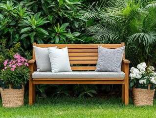 Obraz premium Backyard reading nook with a wooden bench, cozy cushions, and potted plants, Home Garden Ideas, peaceful retreat