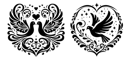romantic birds in floral heart design black vector print shape engraving silhouette