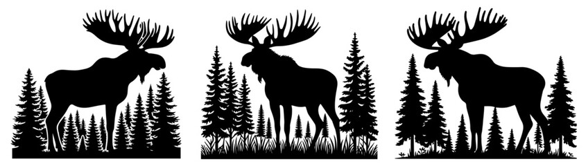 moose among pine trees forest scene black vector print shape engraving silhouette © Aisha Kudorova