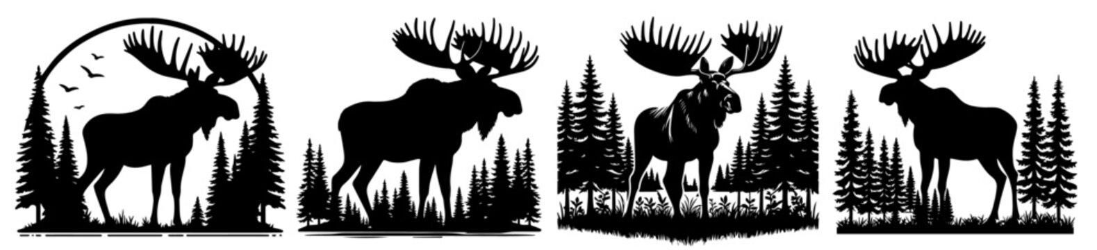 moose in forest landscape with trees black vector print shape engraving silhouette