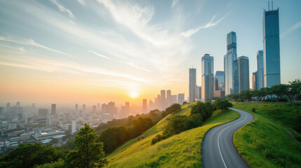 stunning city skyline at sunset, with modern skyscrapers and lush green hills