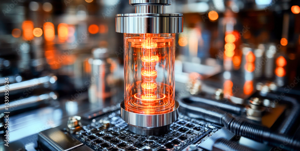 Poster A futuristic quantum processor showcases qubits in superposition, glowing with orange light.