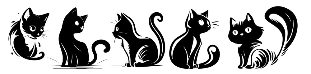 cartoon cats with big eyes vector black shape illustration engraving and laser cutting