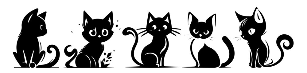 cute cartoon cats sitting vector black shape illustration engraving and laser cutting