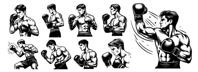boxers fighting stance black vector vintage illustration in monochrome shape