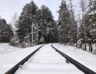 snowy railway track curving through a winter forest, creating a serene and atmospheric landscape....