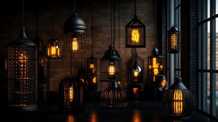 Fototapeta premium Elegant hanging lamps create warm ambiance indoors.