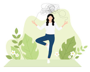concentrated girl practicing yoga meditation, flat vector illustration