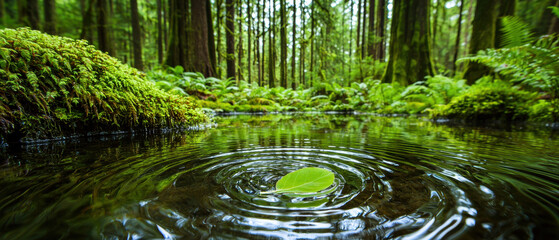 serene forest pond surrounded by lush greenery and moss, with ripples forming around single leaf