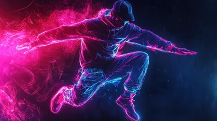 A skilled dancer leaps through a stunning array of neon lights, creating a captivating visual effect in a dark environment. The energy and movement highlight the artistry of the performance