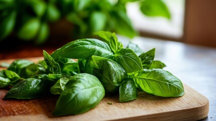 Fresh Basil Leaves on Wooden Cutting Board with Green Background