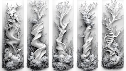 Four grayscale sculpted tree forms with swirling, organic shapes and skull-like base elements.