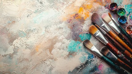 Fototapeta premium A variety of paintbrushes are organized neatly on one side of a colorful, textured canvas. Vivid paint splatters in various hues create an inspiring backdrop in an art studio