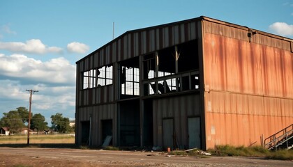 Fototapeta premium Ruins of a Forgotten Hangar: A Rusty Relic in the Texas Sun