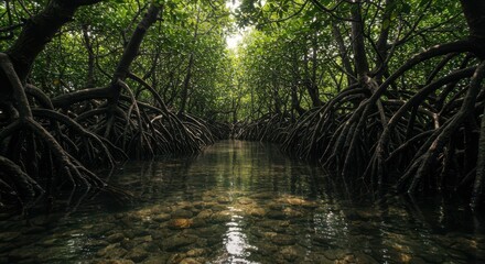 Obraz premium Exploring a Mangrove Forest River with Clear Water and Roots