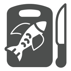 Fish on cutting board and knife solid icon, fishery cooking concept. Vector graphics. Fresh fish sign on white background, glyph style icon for mobile or web design.
