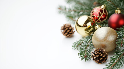 Christmas Decorations Pine Branches with Gold and Red Ornaments Glittering Festive Arrangement on White Holiday Spirit Captivating Stock Photo Image Picture 4K HD Download