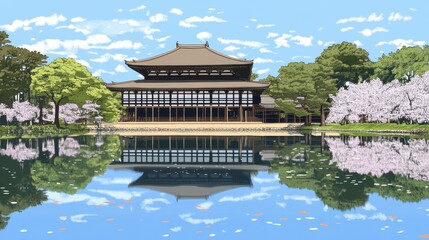 Naklejka premium A serene pond scene reflecting a large traditional building