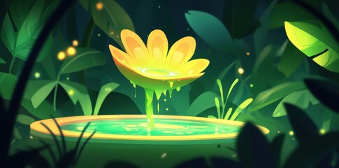 Glowing flower fountain drips into surrounding serene waters of nature