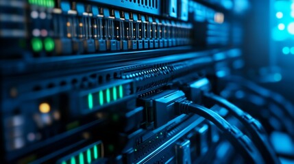 Close-up of server racks with illuminated indicators and connected cables in a data center