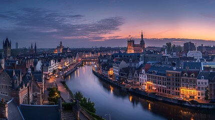Fototapeta premium a river with buildings and a sunset