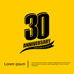 30th years anniversary celebration emblem. black logo isolated with ribbon on yellow background. vector illustration template design for web, flyers, poster, greeting card and invitation card	