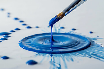 artistic inspiration, in a serene white space, a paintbrush holds a single drop of blue paint, hinting at an imminent burst of creativity