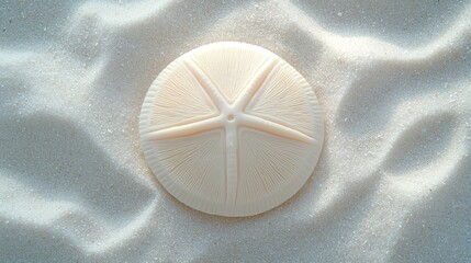 Symmetrical Sand Dollar on White Sand Beach with Subtle Shadows Highlighting its Delicate Texture