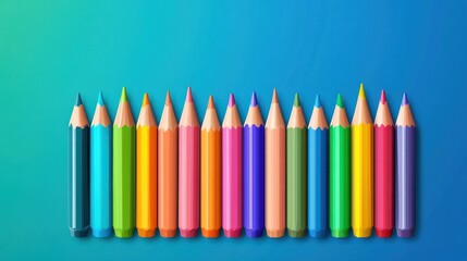 Vibrant Row of Colorful Pencils on Blue Background