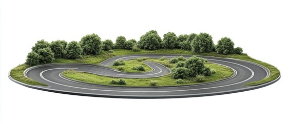 Scenic Winding Road Through Lush Green Landscape Serpentine Route with Trees and Grass Isolated on White Background Aerial View Conceptual Journey