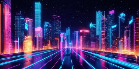 Fototapeta premium A futuristic city with bright colorful illuminated buildings and roads