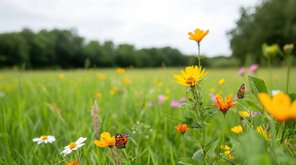 Restored prairie teeming with native plants, butterflies, and other pollinators, showcasing habitat revival