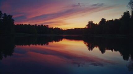 Obraz premium A tranquil lake reflecting the colorful hues of a sunset sky, surrounded by trees. 
