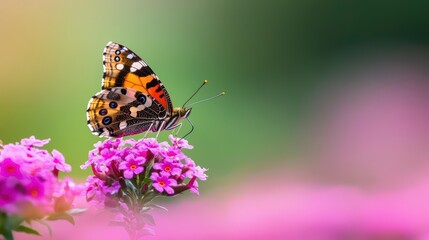 Obraz premium Closeup of a painted lady butterfly feeding on nectar, highlighting the role of butterflies in ecosystems