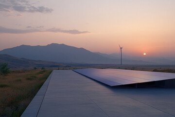 Fototapeta na wymiar Renewable energy landscape featuring a solar farm with blue photovoltaic panels and a wind turbine in the distance, set against rolling hills under a clear sky, promoting sustainability and clean ener