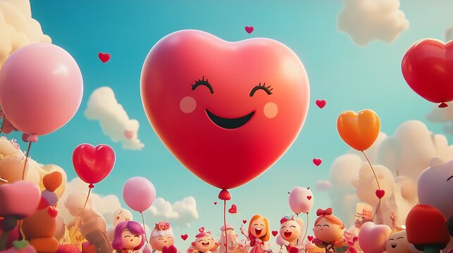 A cheerful heart shaped balloon is floating above smiling characters - Powered by Adobe